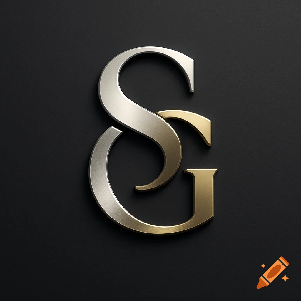 Brushed metallic silver 'S' intertwined with a gold 'G' on a dark gray background, forming a logo.