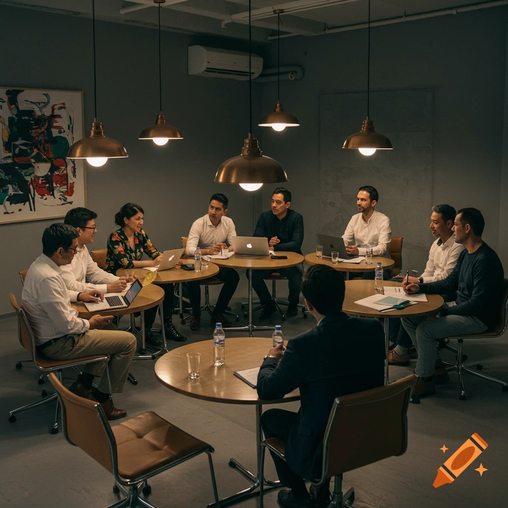 Professionals collaborate around round tables in a modern office with warm pendant lighting.