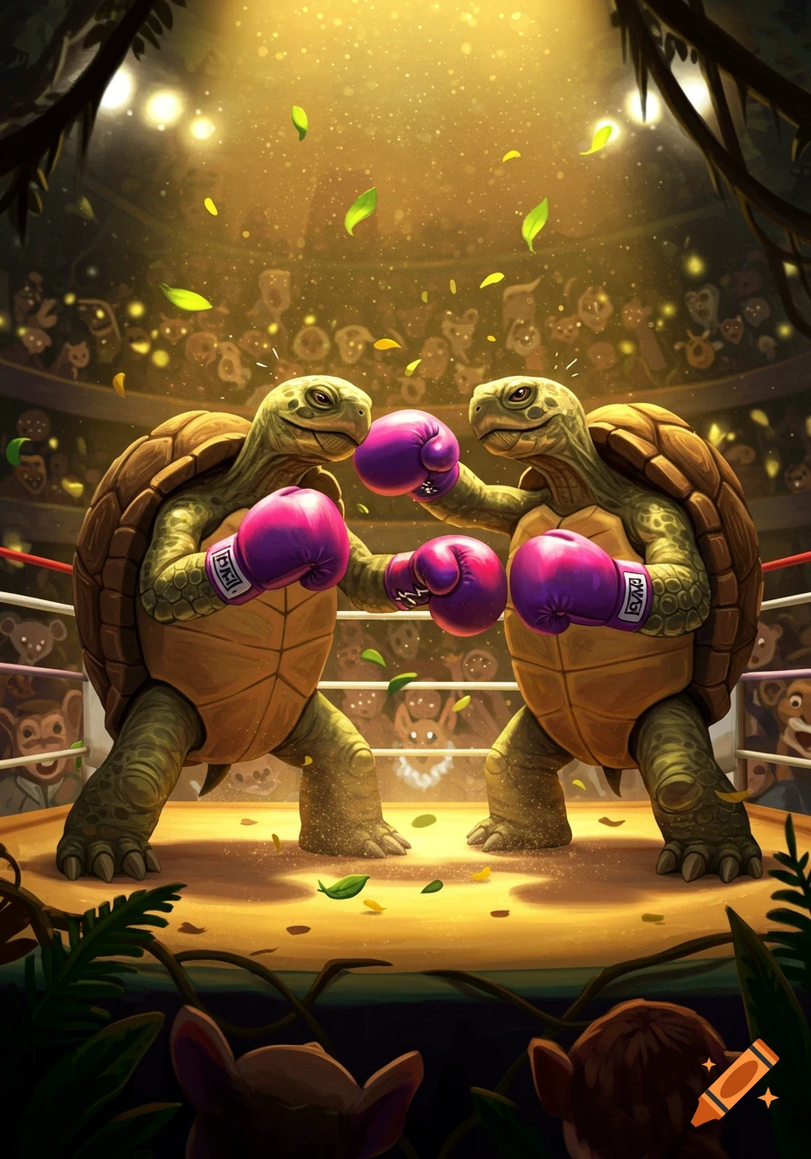 Two cartoon turtles in pink boxing gloves fight in a brightly lit boxing ring, with a cheering audience, in an illustration style.