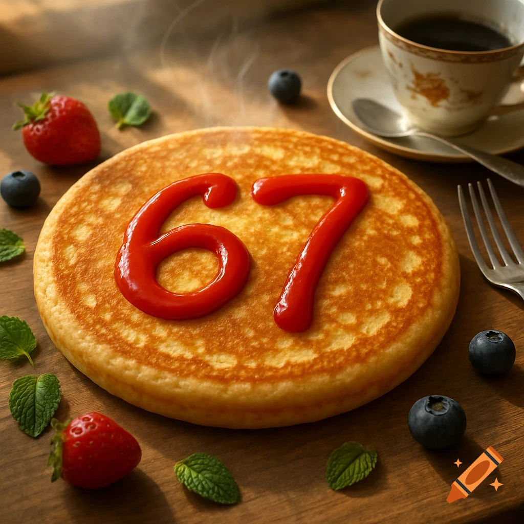 A photorealistic image of a golden pancake with the number 67 written in red ketchup, surrounded by fresh strawberries, blueberries, and mint leaves, with a steaming cup of coffee in the background on a wooden surface.