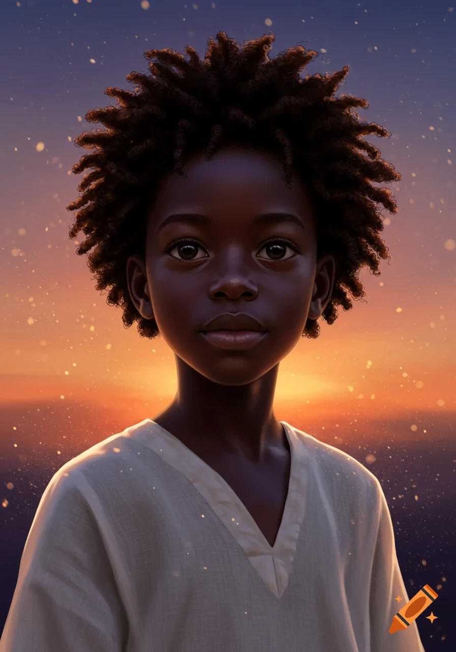 A young Black boy with curly hair in a white shirt, gazing forward against a sparkling sunset sky.