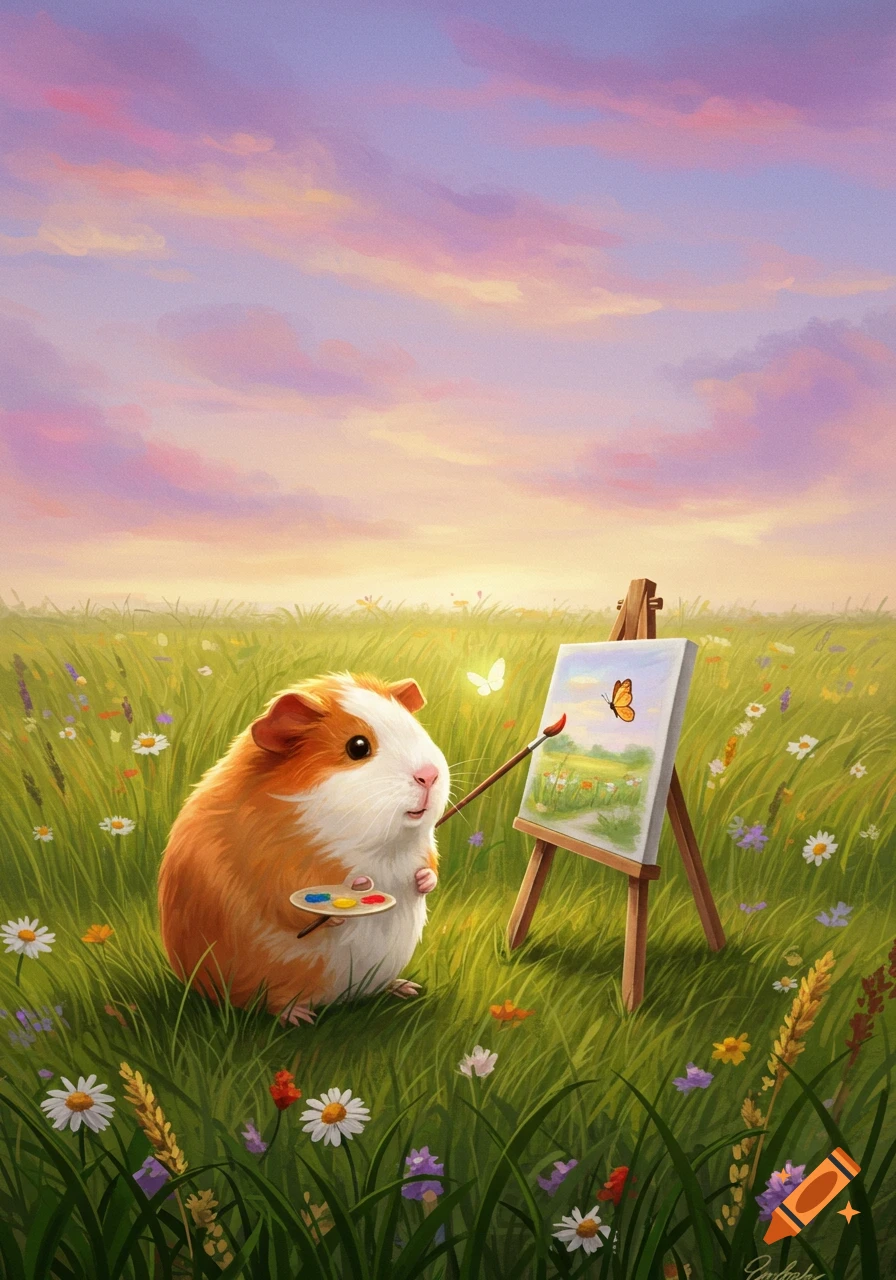 A ginger and white guinea pig paints a landscape on an easel in a field of wildflowers at sunset in a vibrant digital painting.