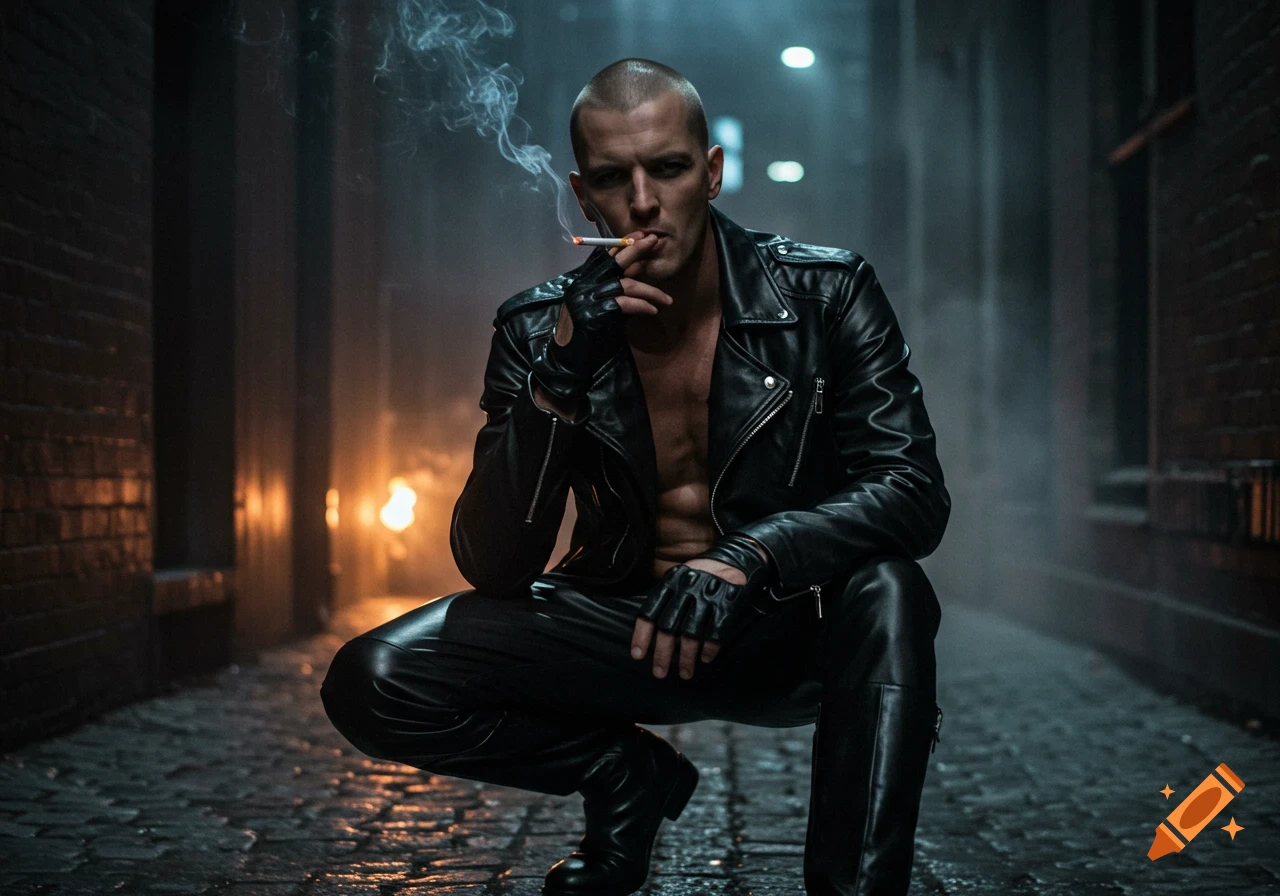 Photorealistic image of a man with a shaved head in a black leather outfit, crouching in a dark, wet alley while smoking a cigarette.