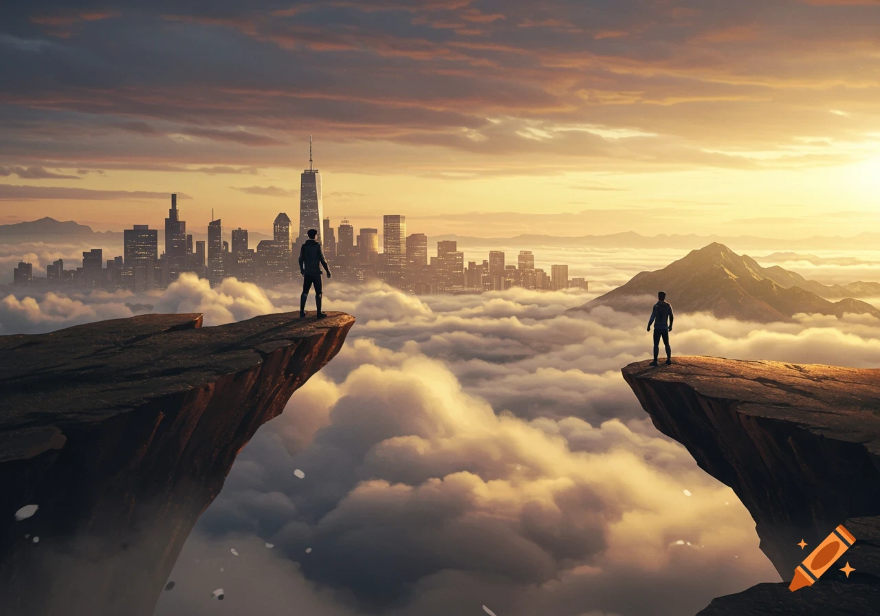 Two people stand on opposing cliff edges above a sea of clouds, overlooking a distant cityscape and mountains at sunset.