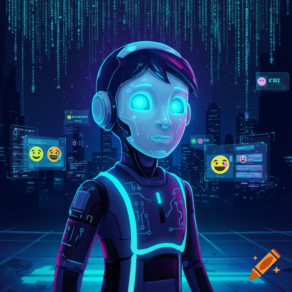 A stylized robot with glowing blue eyes and headphones stands in a futuristic city under digital rain, with holographic screens displaying emojis.