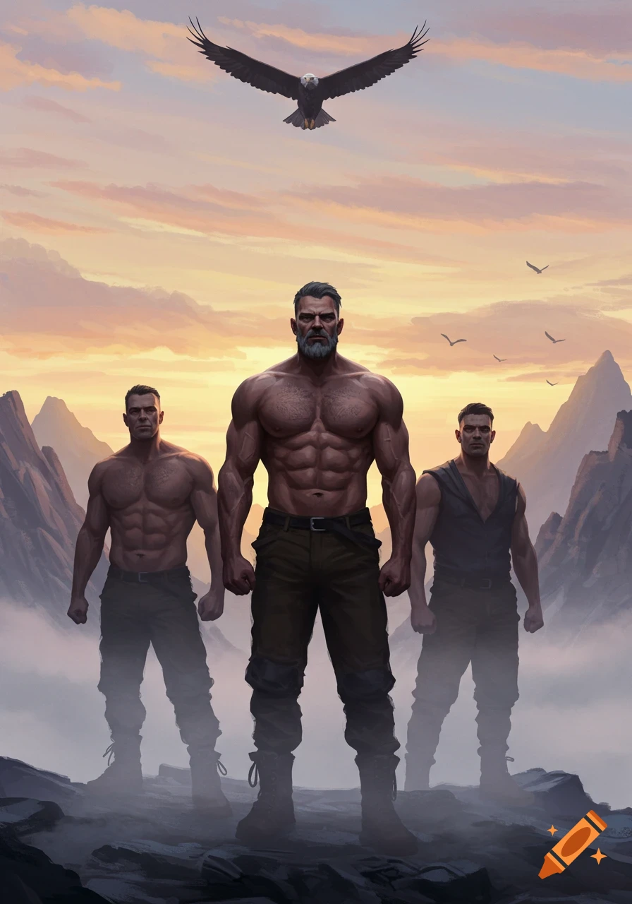 Three muscular men stand heroically in a misty mountain landscape under a flying eagle at sunset, in a digital art style.
