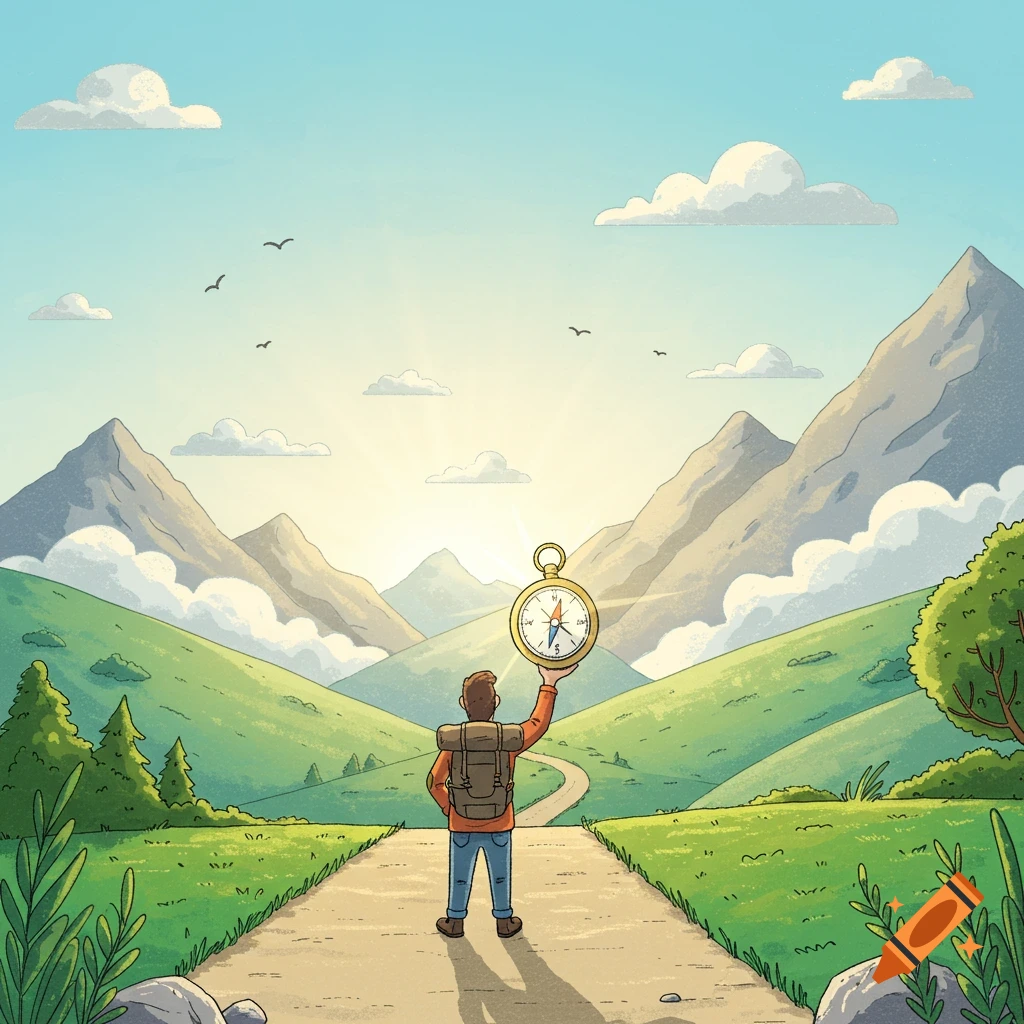 Cartoon hiker on a path, holding a compass towards a sunny mountain landscape under a blue sky.