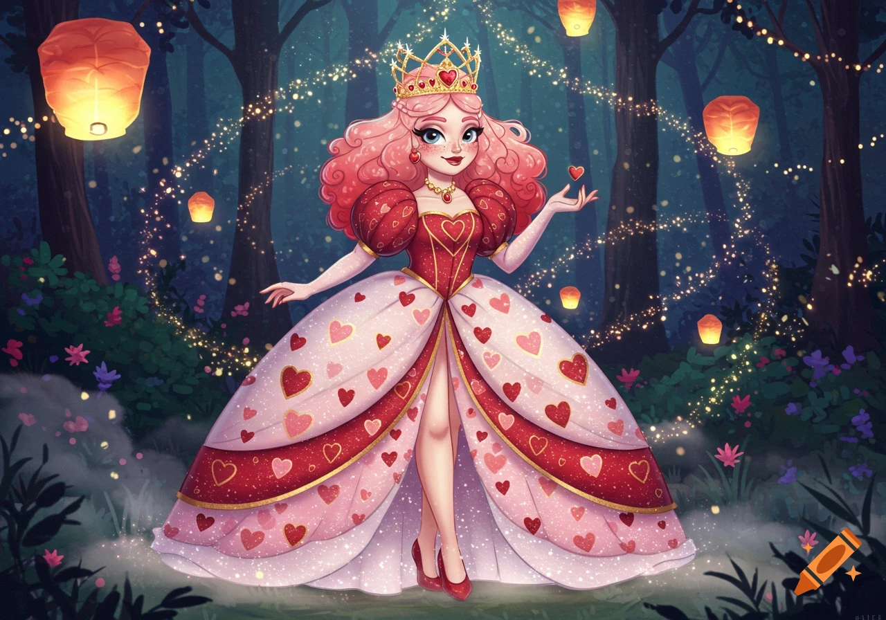A cartoon princess with pink curly hair and a crown, wearing a red and pink heart-patterned gown, stands in an enchanted dark forest with glowing lanterns and sparkling lights.
