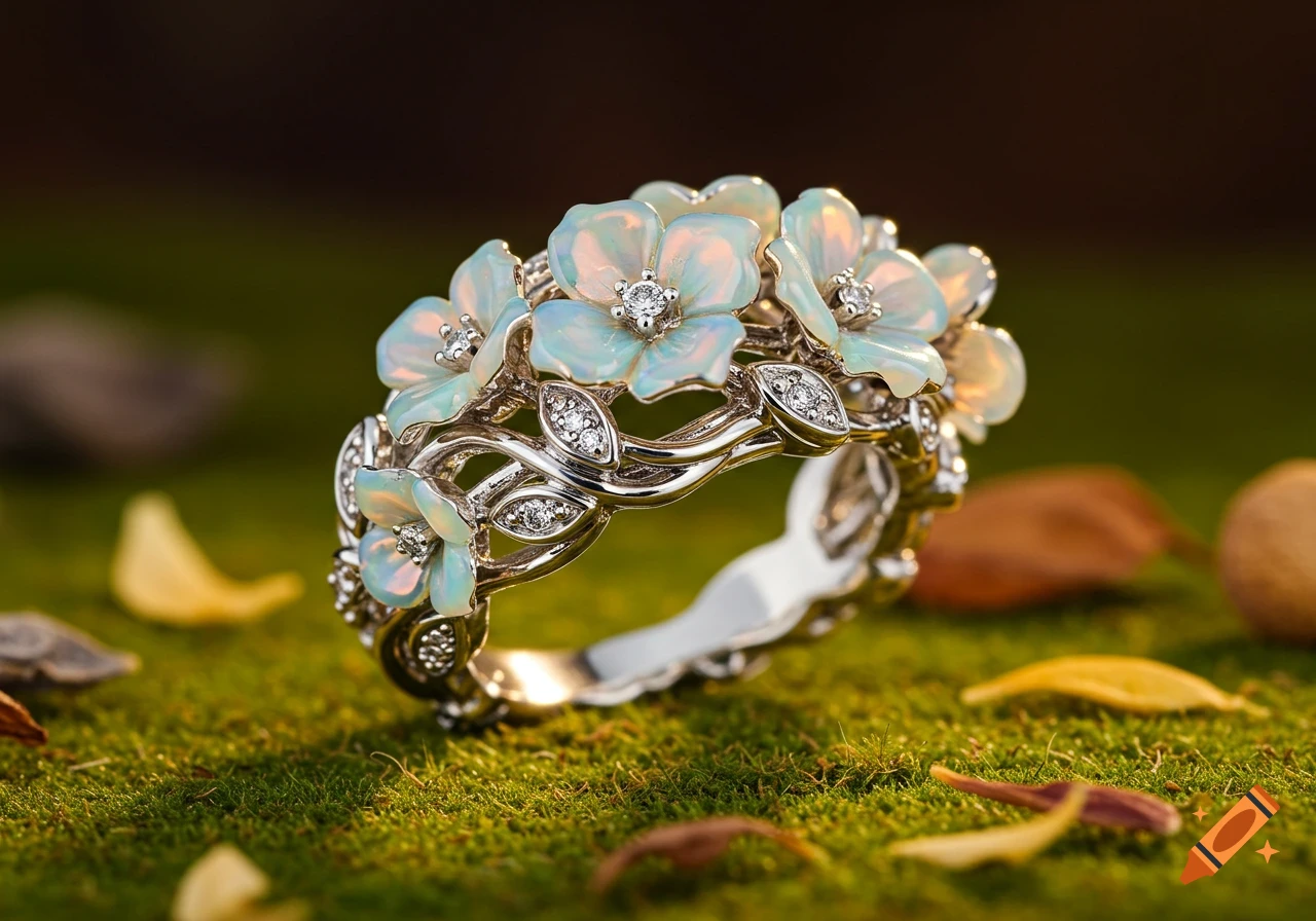 Close-up of a silver ring with light blue and pink opal flowers and small diamonds, resting on vibrant green moss with fallen leaves.