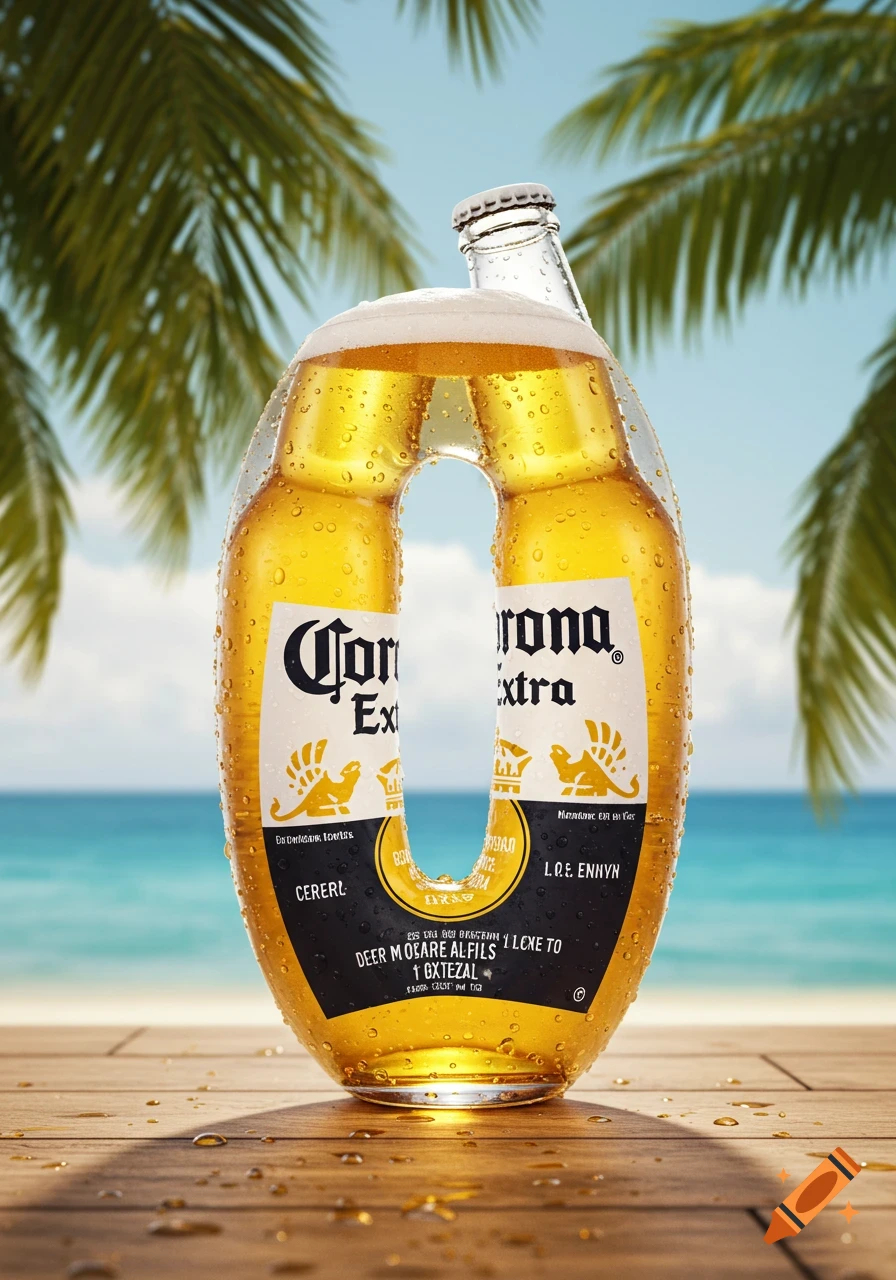 A condensation-covered Corona Extra beer bottle shaped like the number zero, resting on a wooden table with a beach and palm trees in the background.