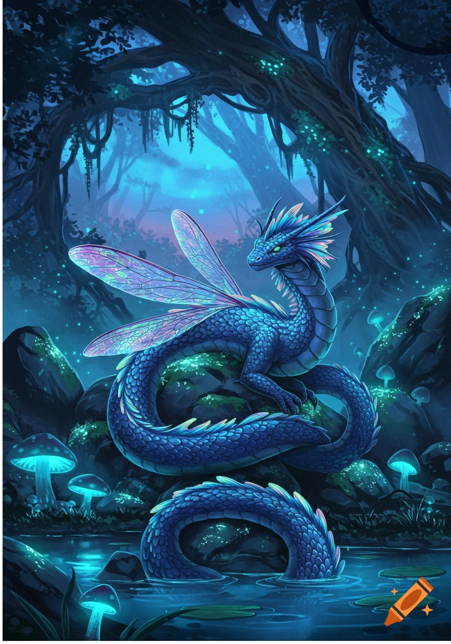 A blue dragon with iridescent wings rests in a mystical glowing blue forest with luminous mushrooms and water.