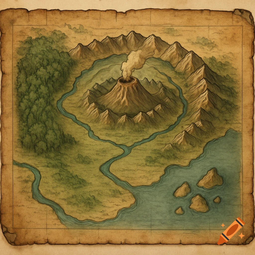 Old fantasy map: erupting volcano in mountains, surrounded by forests, plains, rivers, and an archipelago in the sea.