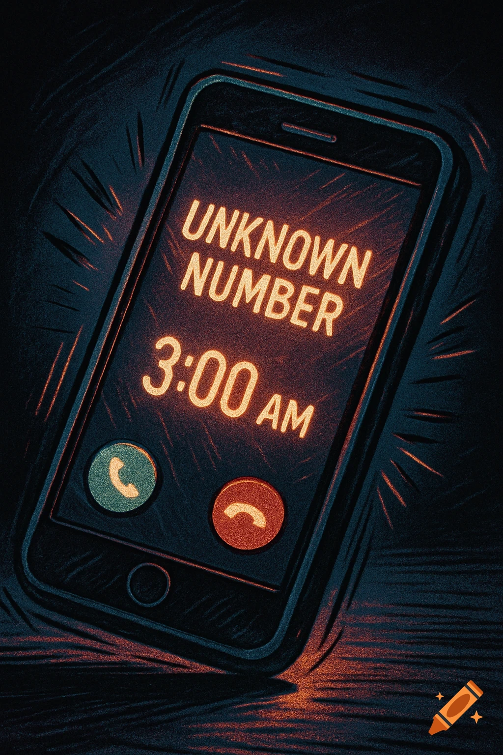 A smartphone screen shows an incoming call from "UNKNOWN NUMBER" at "3:00 AM" in a dark, eerie cartoon style with a neon glow.