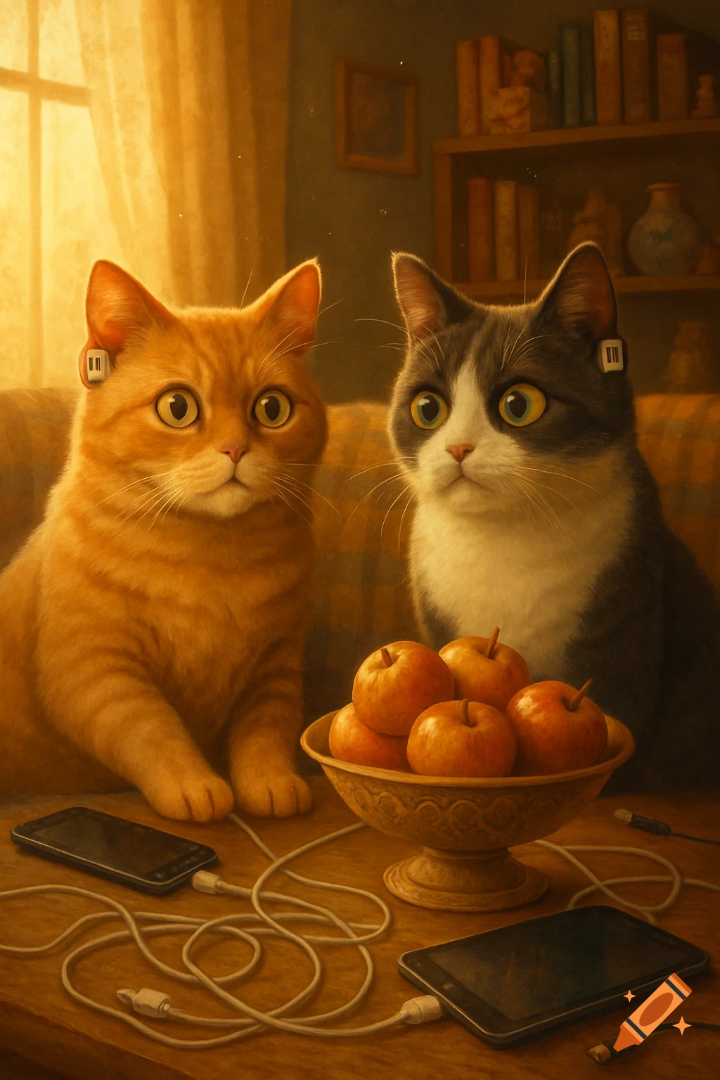 Two wide-eyed cats sit on a sofa, with small, abstract barcode-like symbols on their ears. A bowl of apples, smartphones, and tangled cables are on the table in front of them in a warm, painterly style.