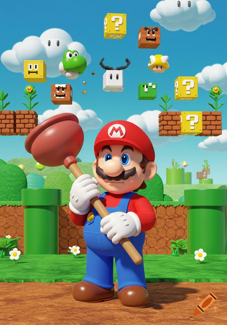 Mario holds a plunger in a vibrant, cartoon-like Super Mario landscape with iconic blocks, pipes, and clouds.