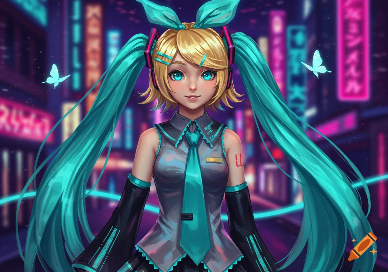 An anime character, possibly Kagamine Rin cosplaying as Hatsune Miku, with blonde hair and long teal pigtails, stands against a blurry neon cityscape at night, with two glowing butterflies.