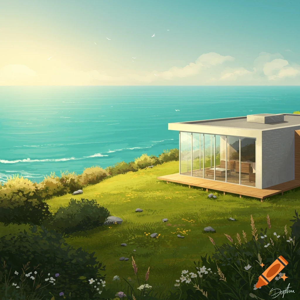Illustrative painting of a modern glass-walled house on a green cliff overlooking a vast blue ocean with a bright sky.