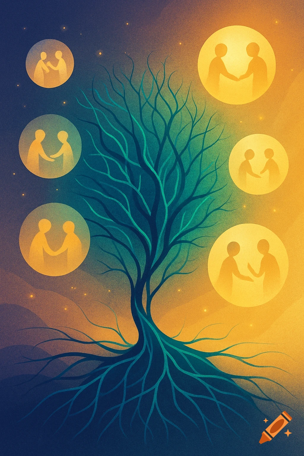 Stylized illustration of a teal tree on a blue-orange background, surrounded by glowing orbs showing abstract figures shaking hands.
