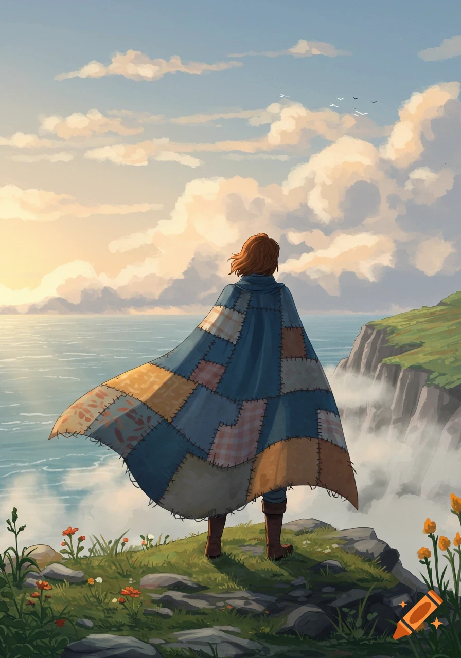An illustrated person in a patched cape stands on a grassy cliff, gazing at a vast sea and cloudy sky at sunset with birds flying.