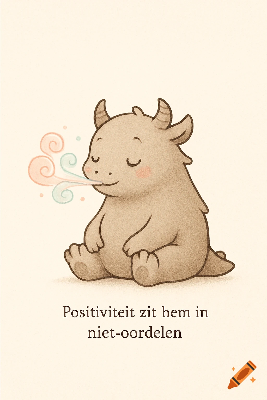 A cute, brown horned creature sits with closed eyes, exhaling pink and blue swirled breath, above text in a simple cartoon style.