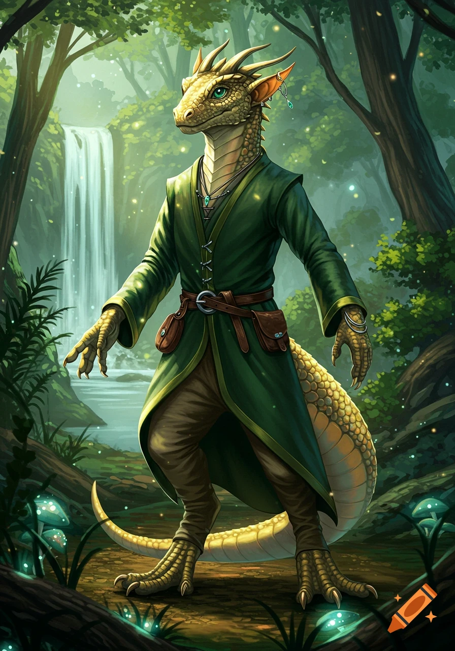 An anthropomorphic golden-scaled lizard-like creature in a green robe stands in a vibrant fantasy forest with a waterfall.
