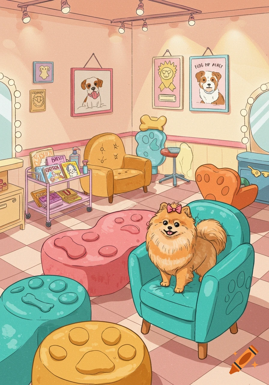 A colorful cartoon waiting room of a dog beauty salon, with a fluffy orange Pomeranian sitting on a teal armchair.