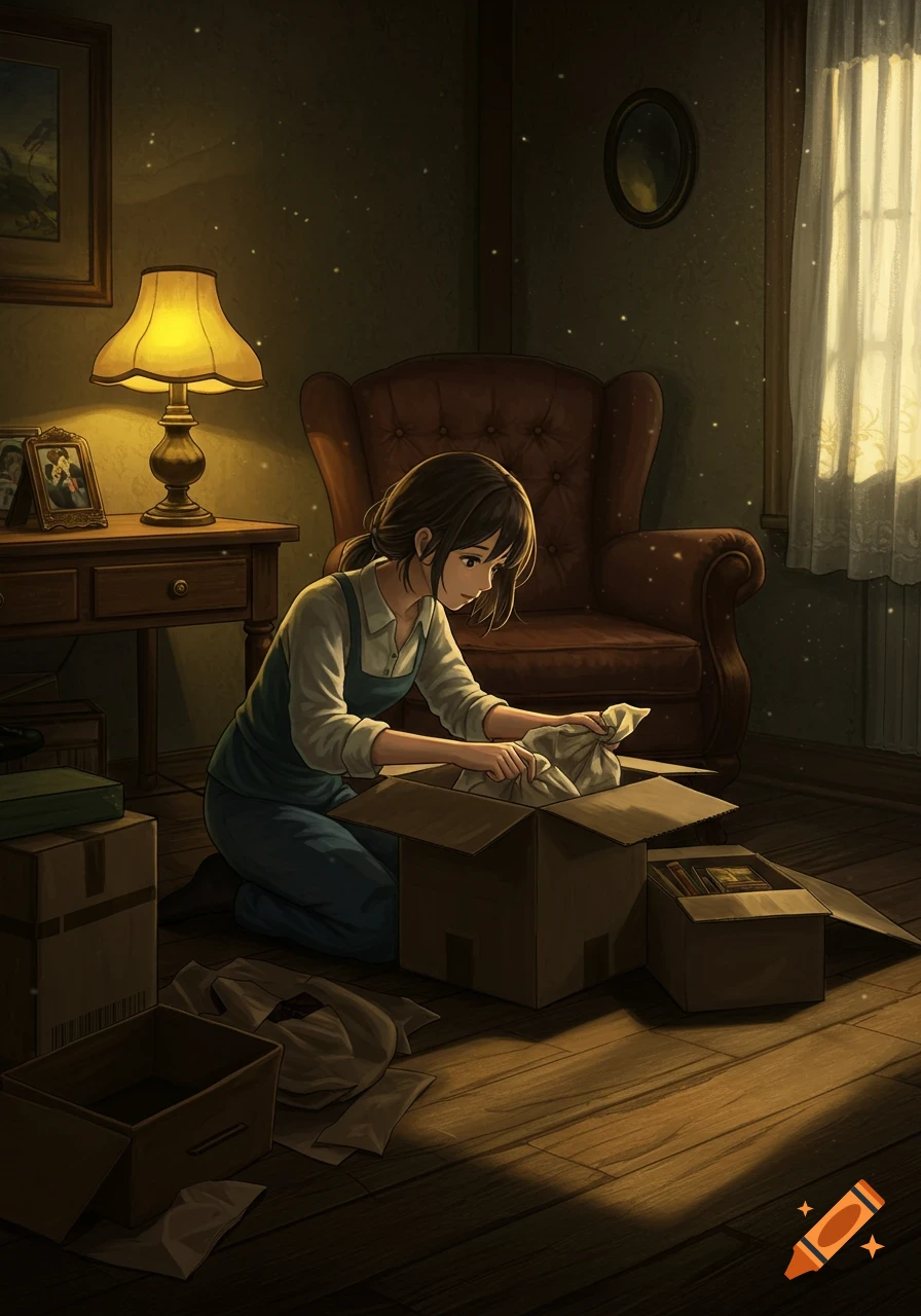 A young woman kneels on a wooden floor in a dimly lit room, unpacking moving boxes. Warm light emanates from a lamp and a window.