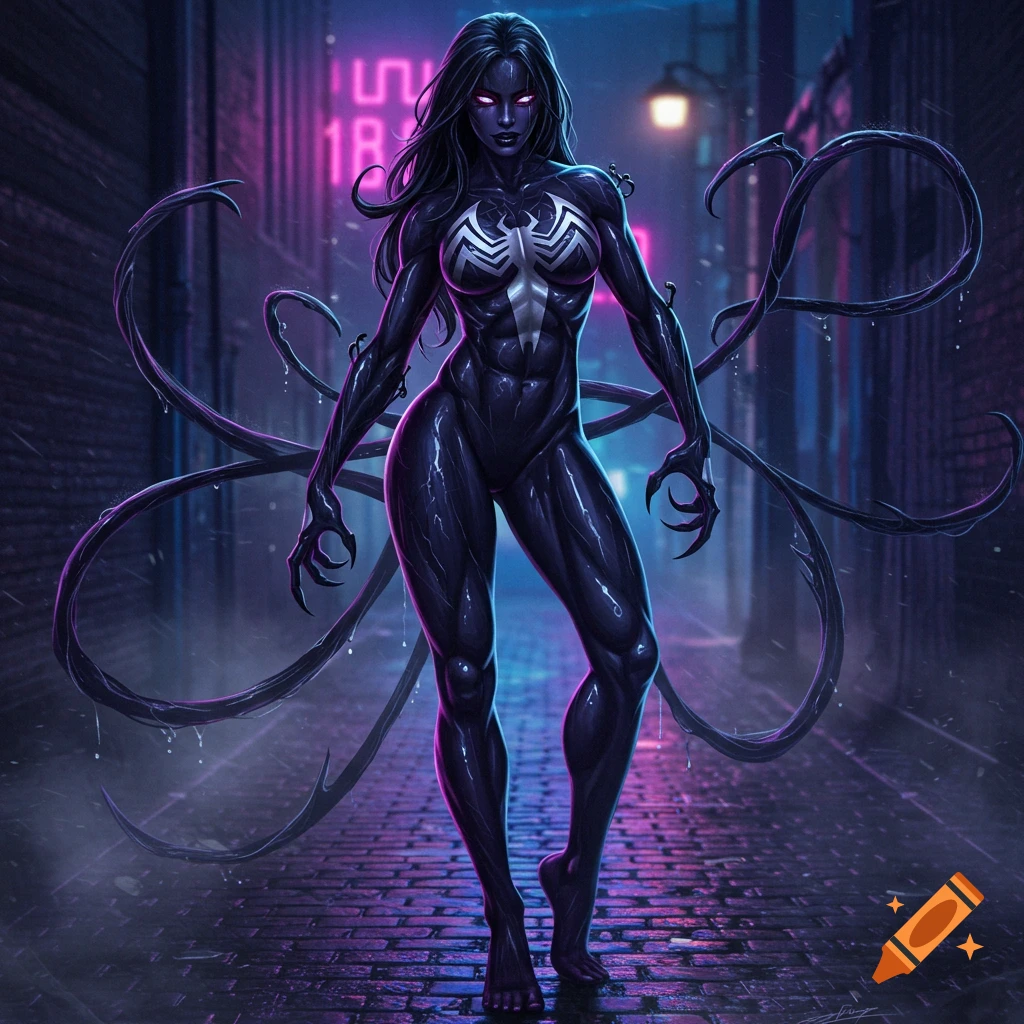 A muscular female Venom symbiote with glowing purple eyes stands in a neon-lit, wet alleyway.