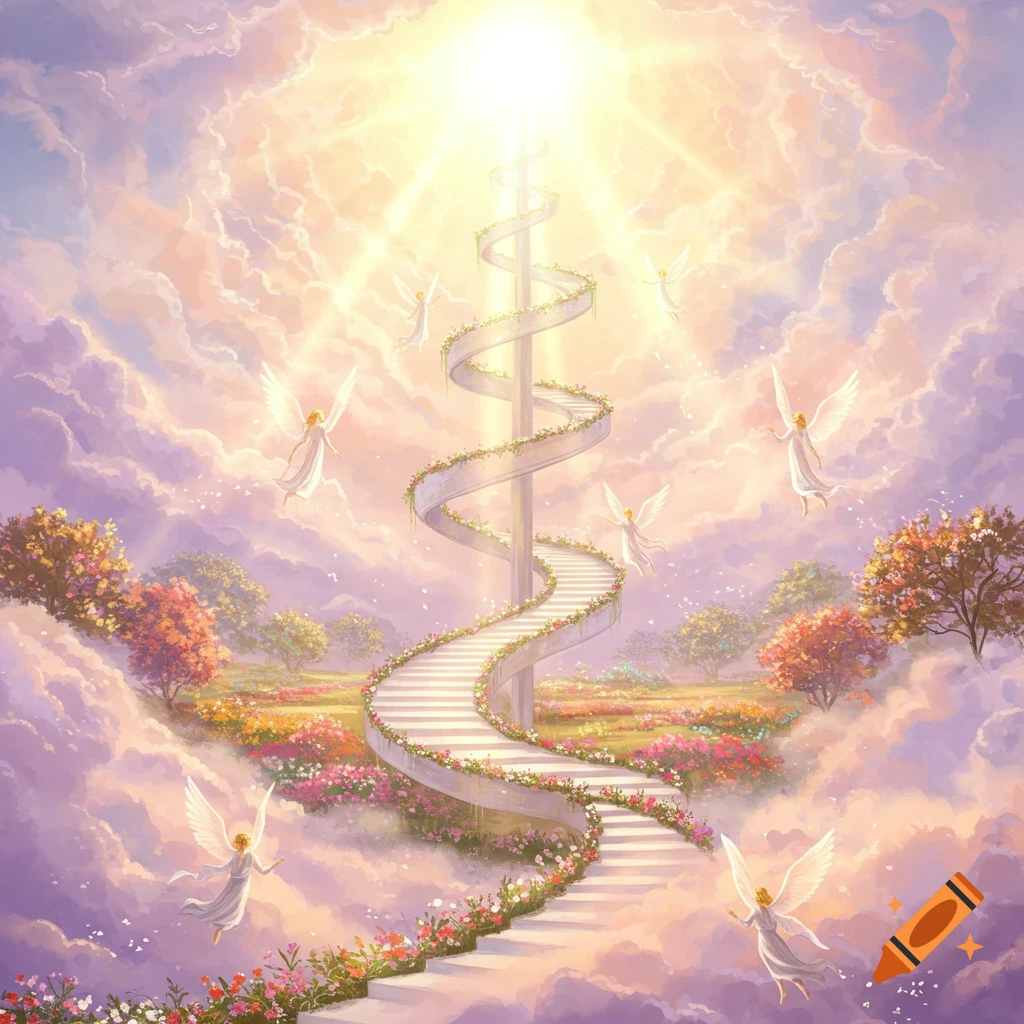 A floral spiral staircase ascends through pastel clouds towards a bright light, with angels flying in a heavenly landscape.