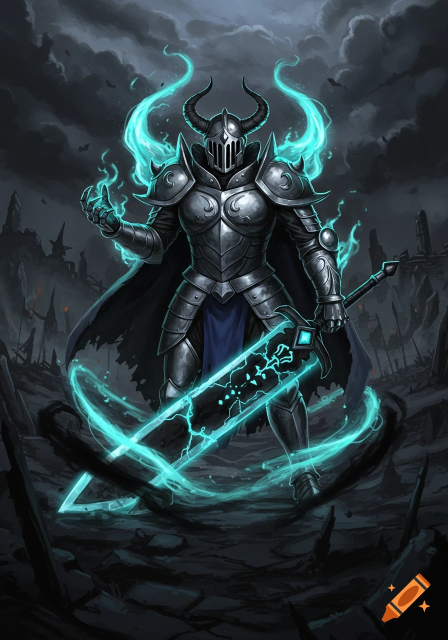 A horned knight in dark armor with glowing cyan magic and a large sword on a desolate battlefield.