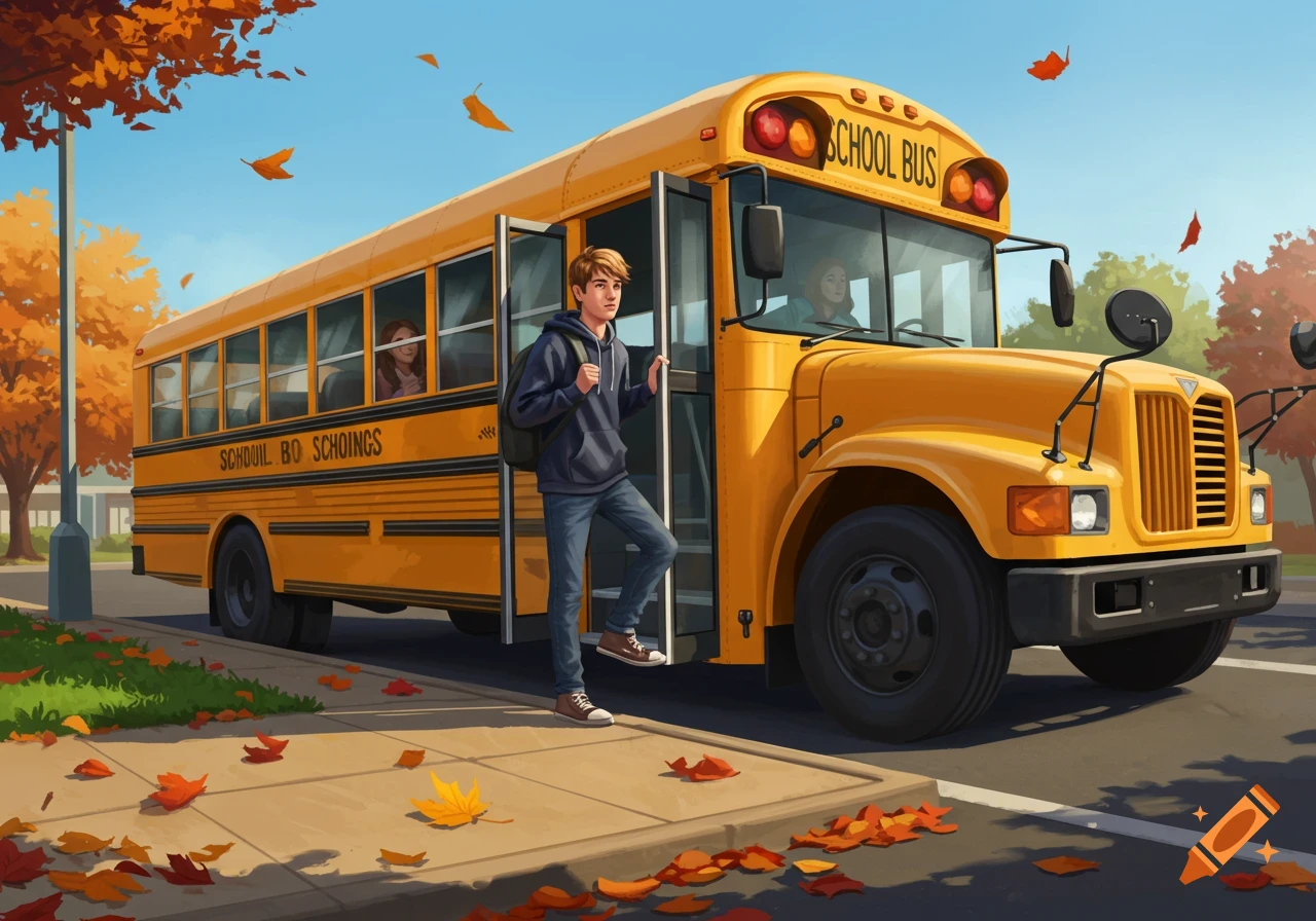 A teenage boy with a backpack steps onto a yellow school bus on an autumn day, with colorful leaves on the ground. Illustration style.
