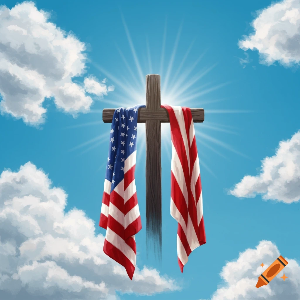 A wooden cross draped with an American flag against a bright blue sky with white clouds and a sunburst.