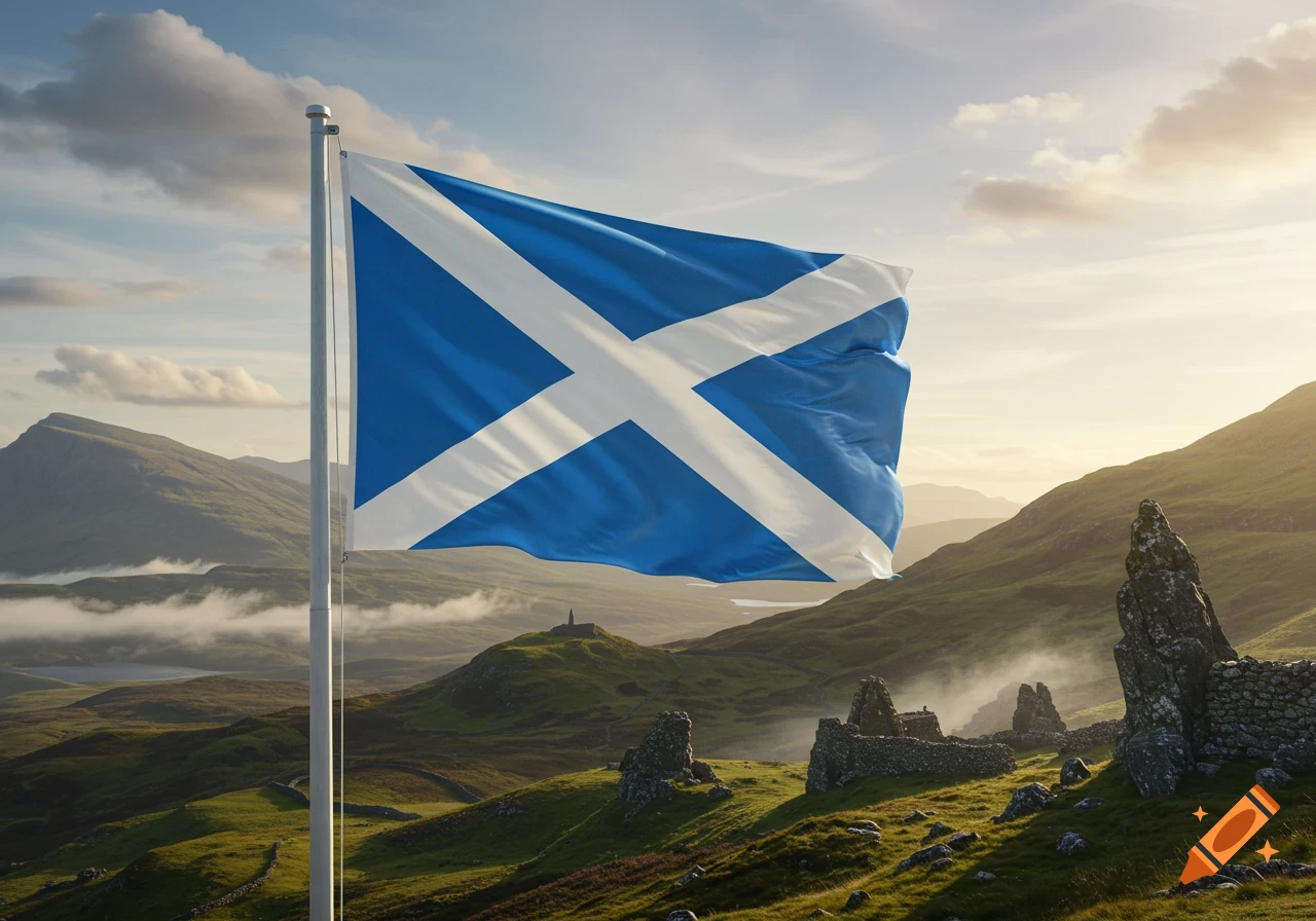 A Scottish flag flies proudly on a flagpole over a misty, green mountainous landscape bathed in golden sunlight.