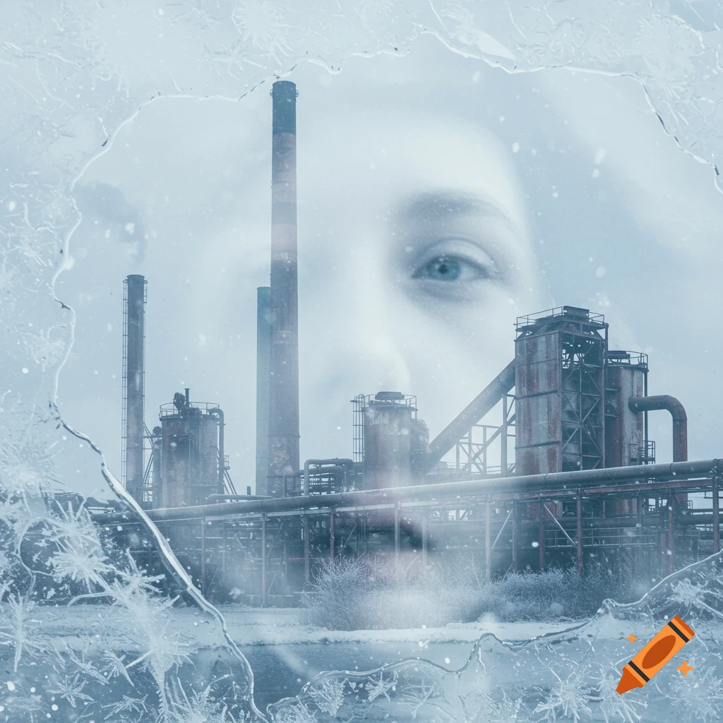 A surreal image of an industrial complex in a snowy landscape with a blurry, ghostly face overlaid, framed by ice.