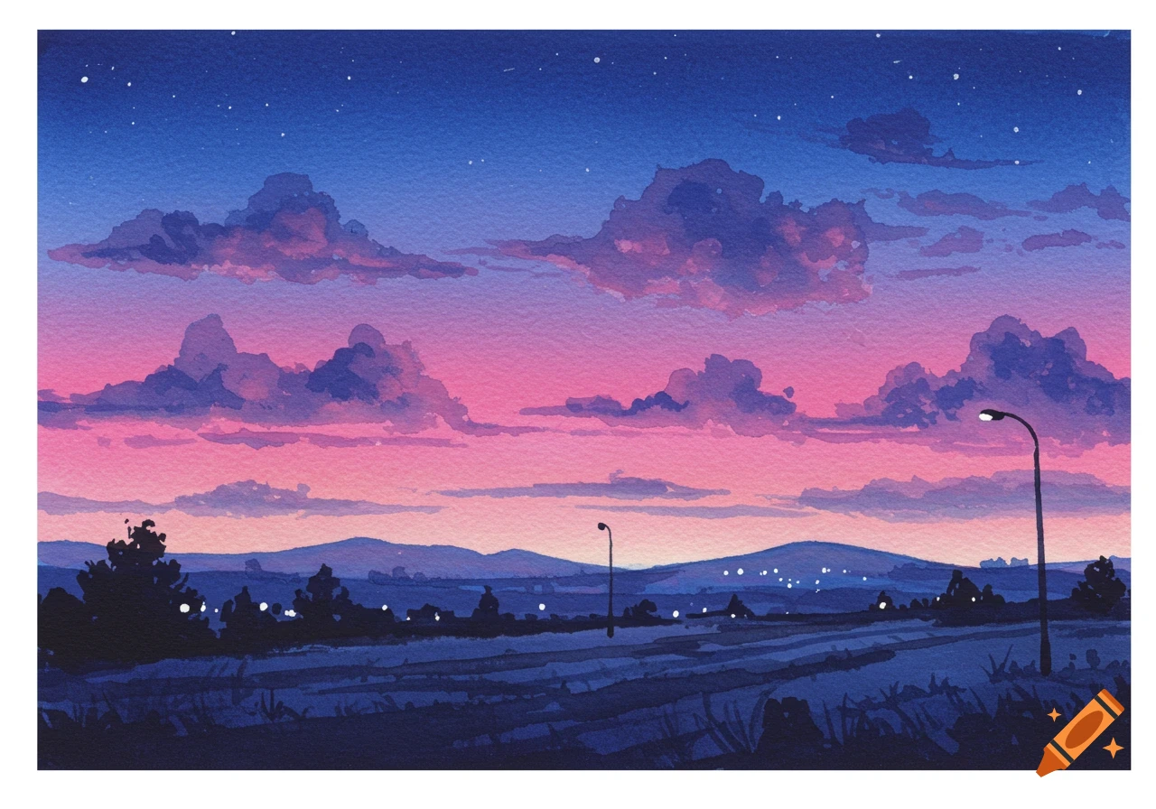 Watercolor landscape painting at sunset with pink and blue sky, dark clouds, silhouetted hills, trees, and streetlights.