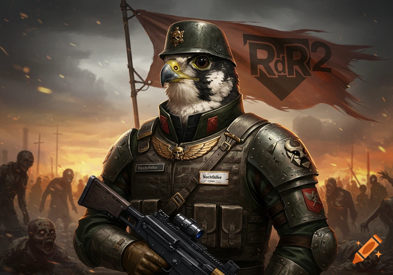 A majestic falcon soldier in military uniform holds a rifle, standing on a zombie-infested battlefield under an "RdR2" flag.