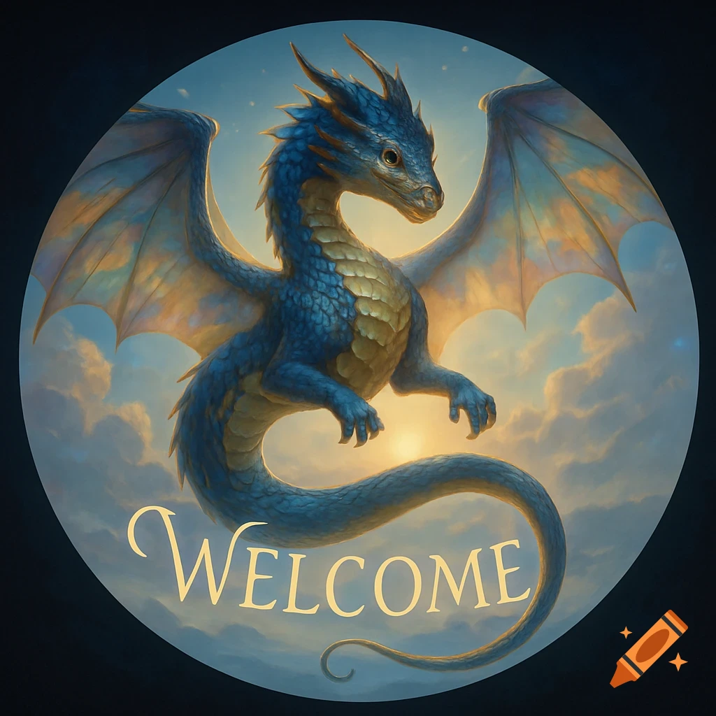 A majestic blue and gold dragon with outstretched wings flies against a sunny, cloud-filled sky, with the word "Welcome" beneath it.