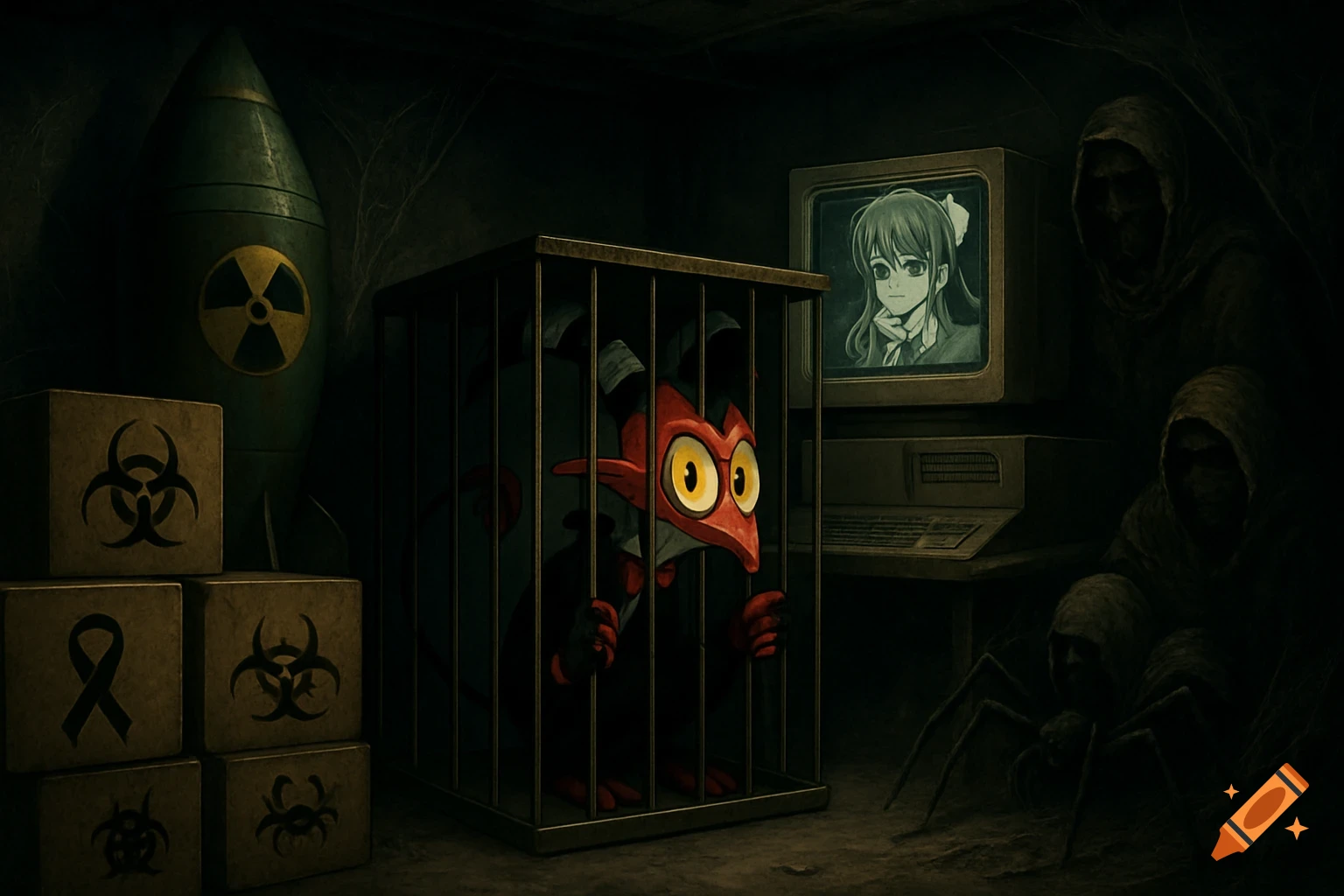 A dark, eerie basement scene with a red cartoon devil in a cage, a nuclear warhead, boxes with biohazard symbols, a computer showing an anime girl, hooded figures, and a giant spider.