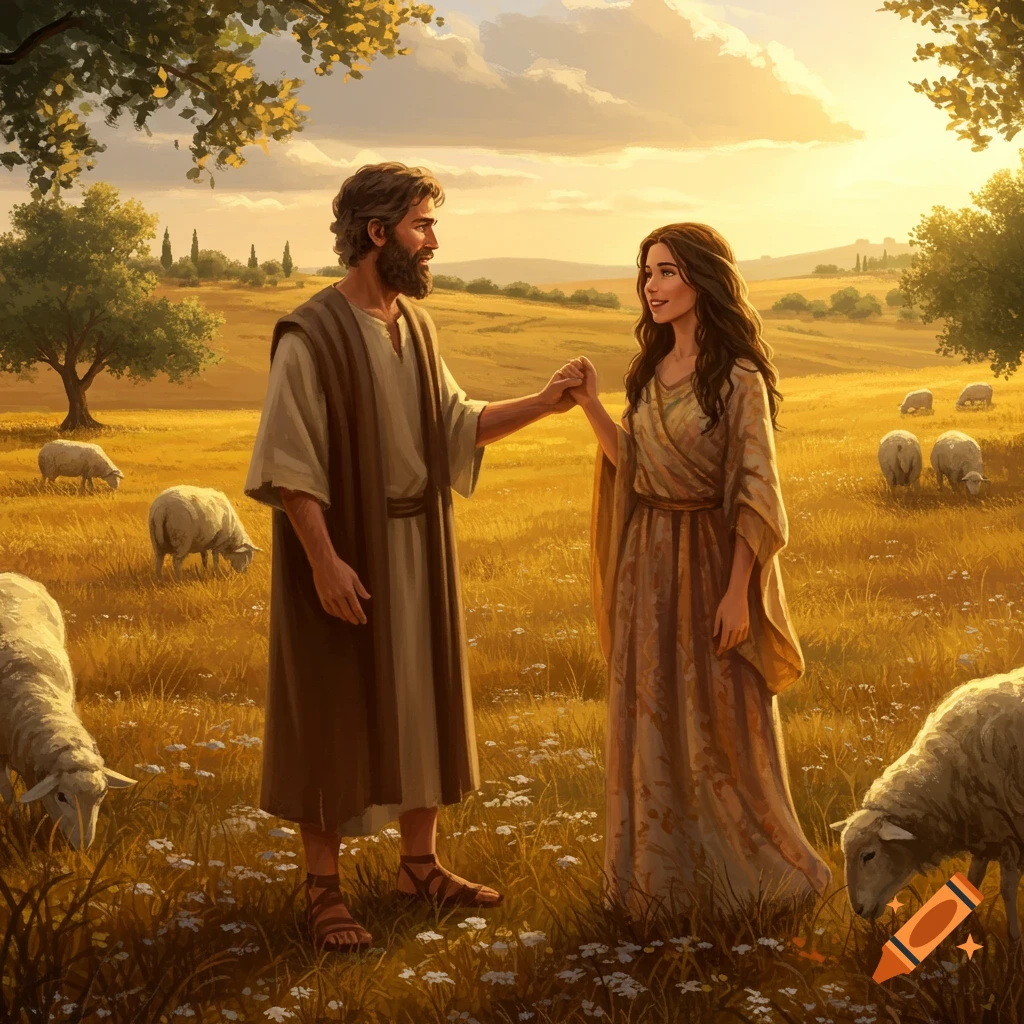 Jacob and Rachel hold hands in a golden, sun-drenched field with sheep at sunset, in an illustrative style.