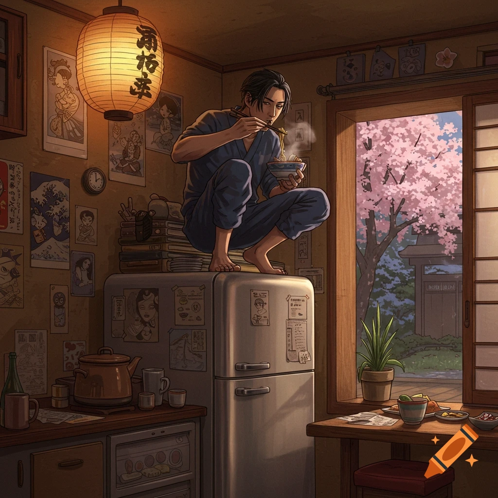 An anime-style Japanese man squats on a fridge eating noodles in a cluttered kitchen, looking out a window at cherry blossoms.