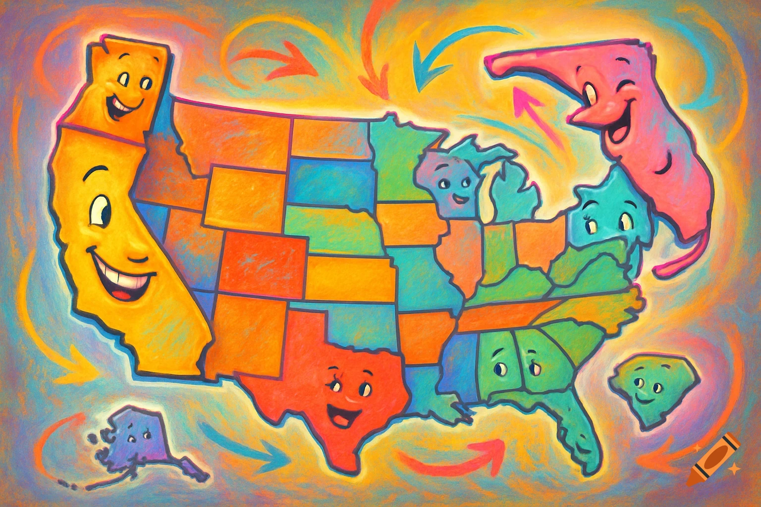 Whimsical cartoon map of the United States with anthropomorphic states, swirling arrows, and bright colors.