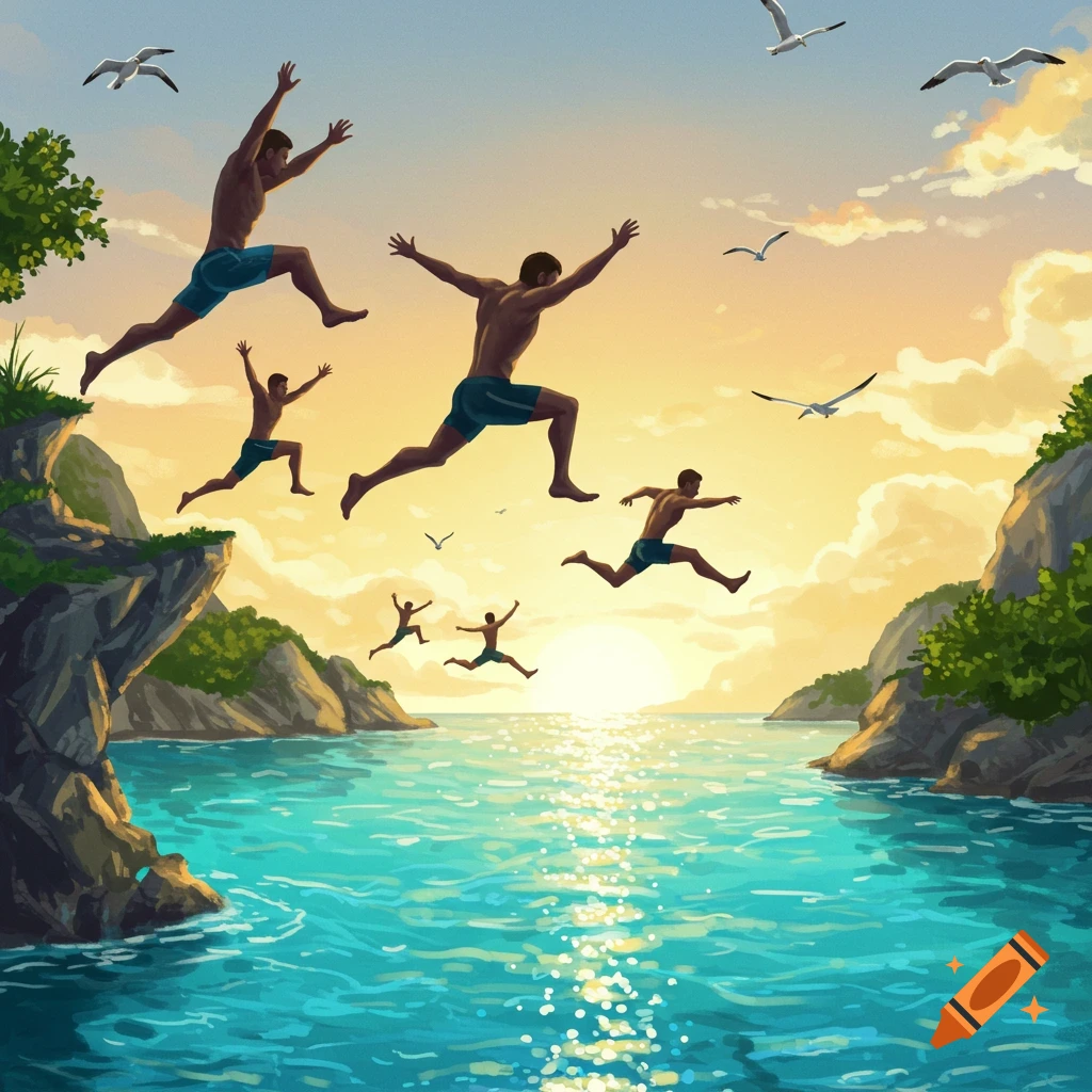 Multiple stylized men in swim trunks leaping over sparkling blue ocean water from cliffs during a vibrant sunset.