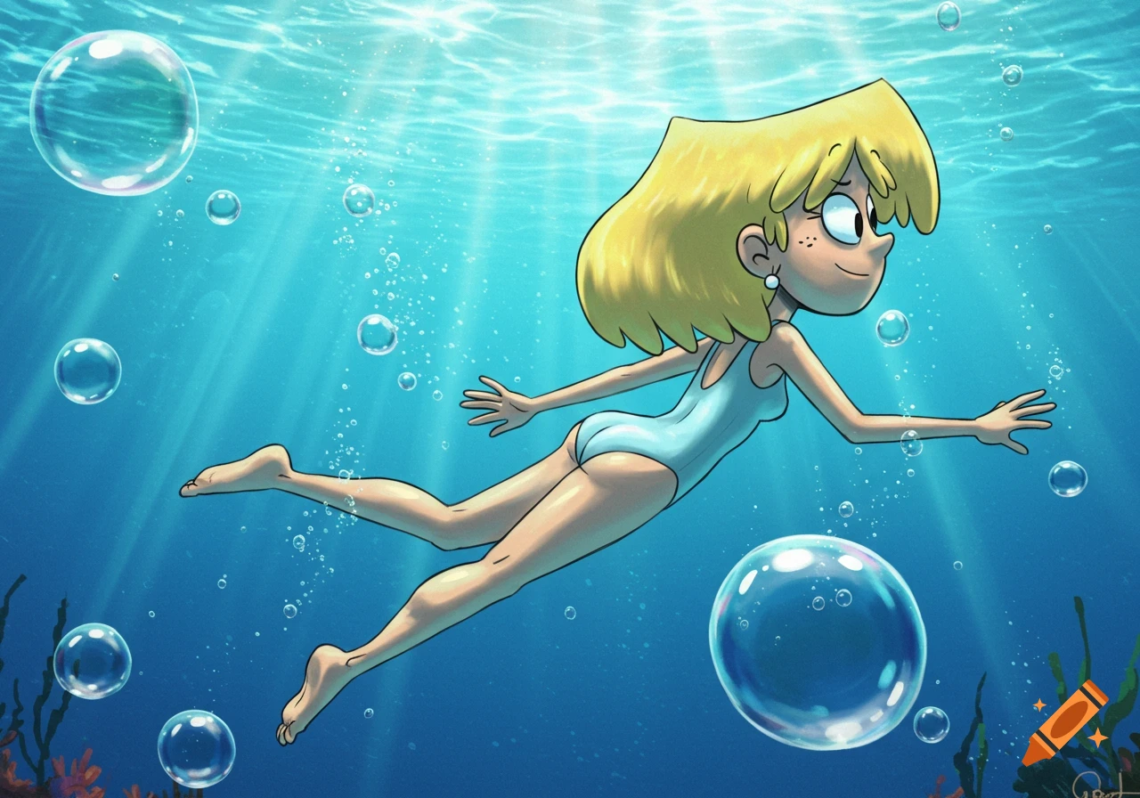 Lori Loud from The Loud House, in a light blue swimsuit, swims underwater surrounded by bubbles and sunlight in a cartoon style.