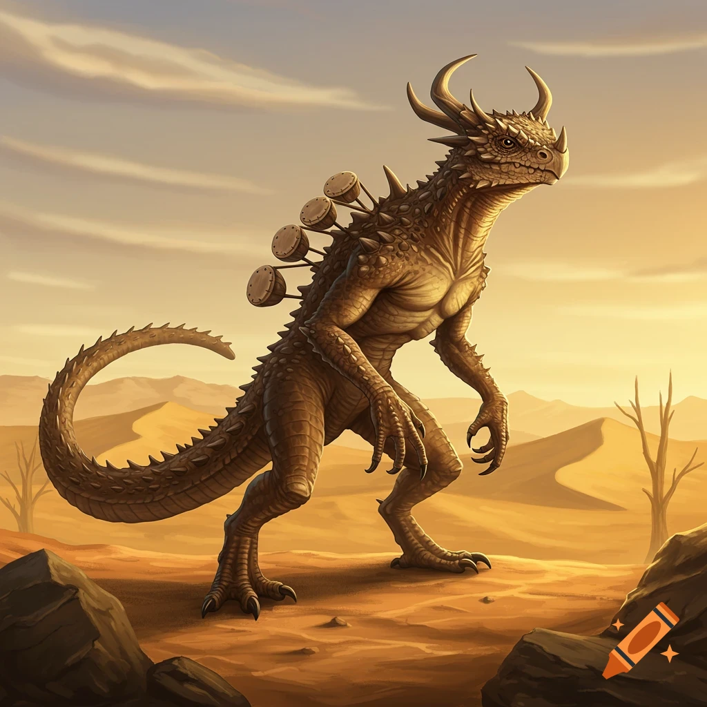 A horned, scaly bipedal desert lizard-like creature with five drum-like objects on its back stands in a sandy desert.