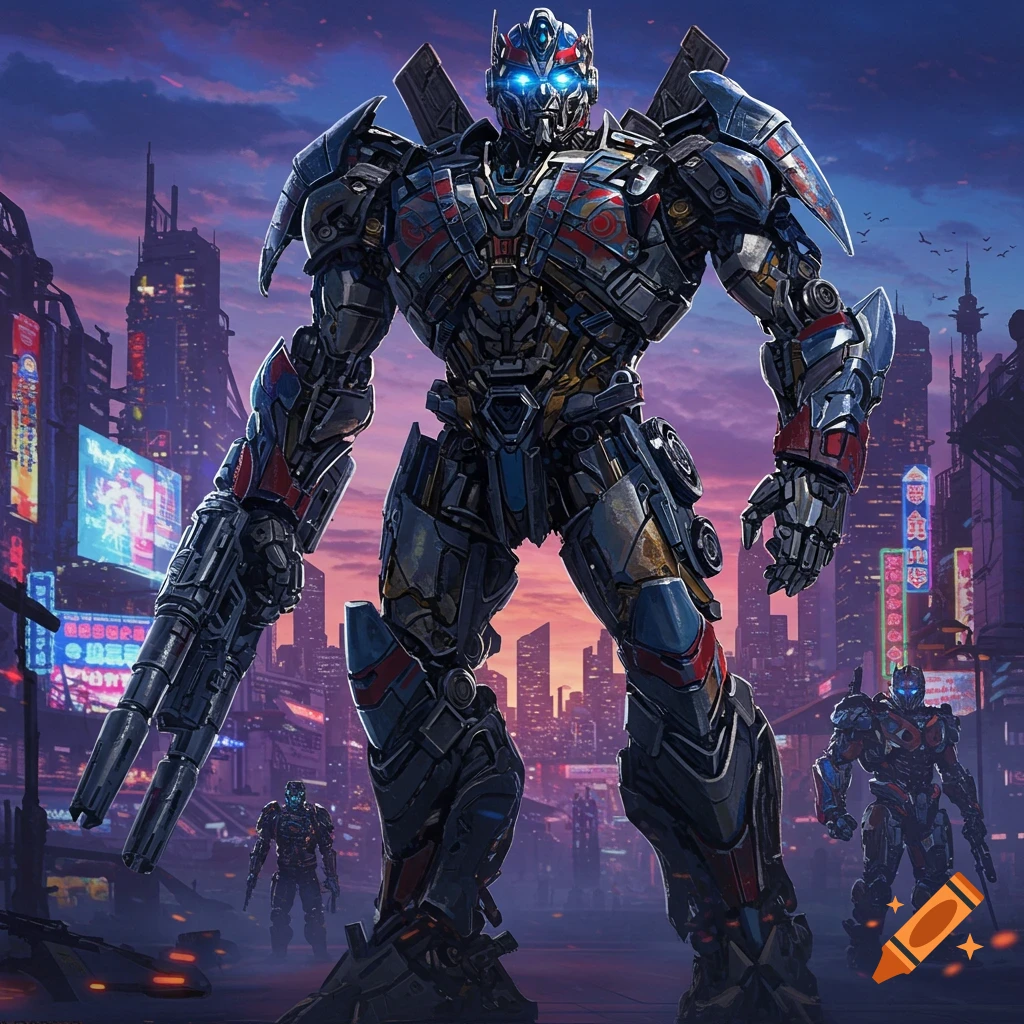 A detailed, large, metallic robot with glowing blue eyes stands in a futuristic cyberpunk city at dusk, with smaller robots in the background.