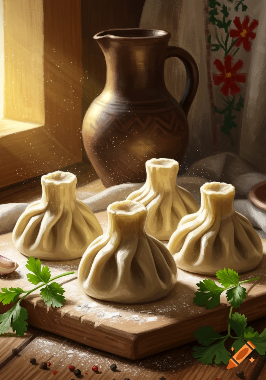 Four Georgian khinkali dumplings with parsley and spices on a wooden board, with a clay pitcher and embroidered cloth in a painted style.