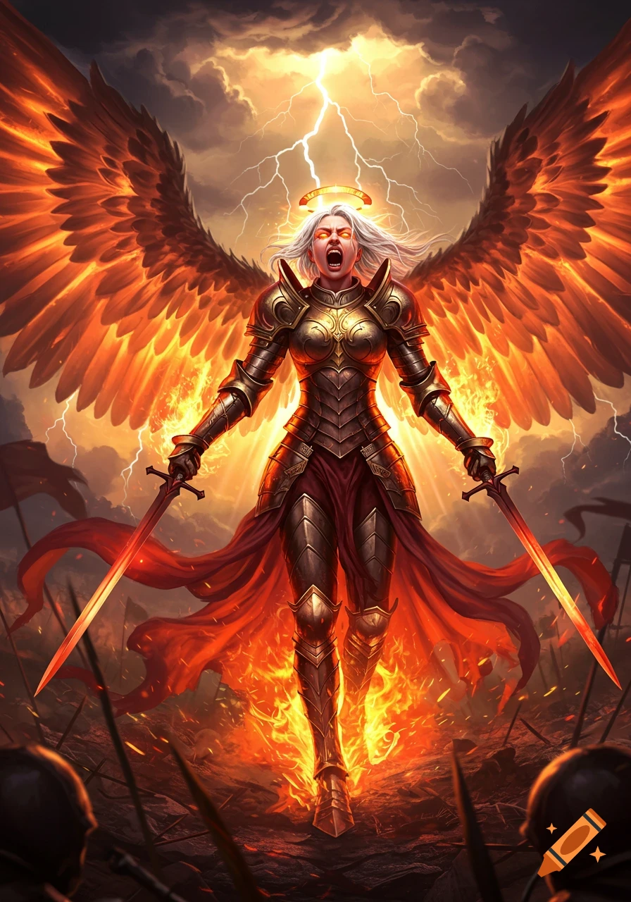 A raging female angel warrior in golden armor with fiery wings and a halo, holding swords amid flames and lightning on a battlefield.