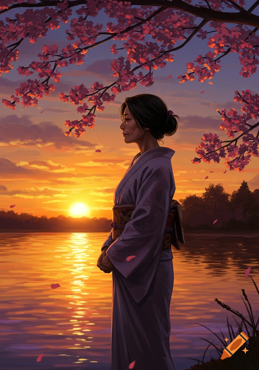 A woman in a purple kimono stands by a lake, looking at the vibrant orange and purple sunset with cherry blossoms overhead. Illustration style.