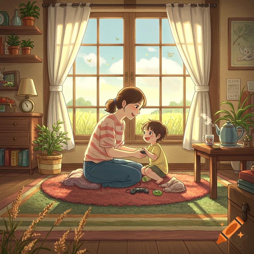 A mother and son play video games on a rug in a sunlit Studio Ghibli style room.