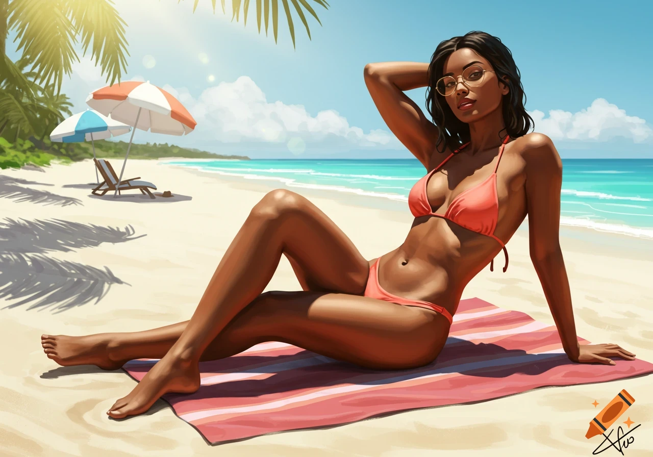A stylized illustration of a woman in a coral bikini relaxing on a striped towel on a sunny beach.